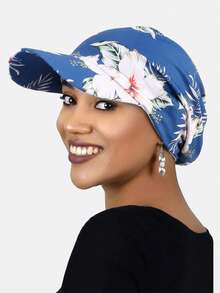 1pc Women's Spring/Summer Beach Hat, Headscarf, Visor Cap, Outdoor Travel Sun Hat, Suitable For Daily Use - Royal Blue and White Flowers - View 1