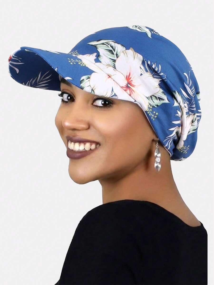 1pc Women's Spring/Summer Beach Hat, Headscarf, Visor Cap, Outdoor Travel Sun Hat, Suitable For Daily Use - Royal Blue and White Flowers - View 1