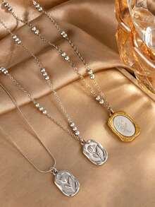 VceTd 1pc Elegant Vintage Style Carved Rose Flower Pattern Decorated Stainless Steel Pendant Necklace, Suitable For Women To Wear At Banquets Or Fashionable Outfits, Or As A Valentine's Day Gift For Women - Silver - View 12