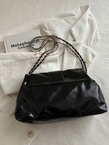 New Retro Fashion Square Bag, Metal Hardware & Belt Decor, Flap Opening Shoulder Bag. Small Capacity, Lightweight, Minimalist, Solid Color Soft Leather Crossbody Bag. Suitable For Women's Daily Life, Commuting, Work, Vacation And Student Use - Black - View 5
