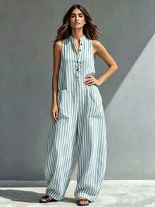 Summer New Loose Casual Striped Printed Sleeveless Women's Jumpsuit - Light Green - View 8