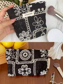 1件/套 黑白提花刺繡女款女孩化妝包，便攜大容量拉鍊化妝收納袋，適合旅行與度假必需品，可收納衛生棉、鑰匙、髮飾、充電器、口紅、化妝品、香水、化妝刷、護膚品與美容產品，適合女性、學生、女學生，生日禮物、朋友禮物、節日禮物 - 黑與白 - 查看 15