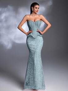 AMILUCK Women's Elegant Luxury Strapless Neckline Hand-Beaded, Boned Ruffle Hem Bandeau Backless Fitted 2 In 1 Evening Gown, Formal Party Wedding Guest Dress - Baby Blue - View 7