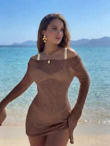 春夏 Y2K 女款棕色羅紋針織罩衫洋裝，性感緊身圓領修身收腰休閒通勤度假沙灘洋裝 - 咖啡棕 - 查看 4