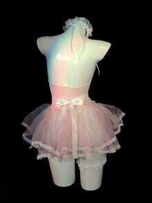 "Pink Lady" Cosplay Transparent Sister Costume (Headband + One-Piece Mesh Dress + Apron + Leg Garters + Thong), Alluring And Charming Lace Sheer Romantic Sleepwear, Seductive Hollow-Out Romantic Nightdress, Ideal For Couples' Outings - 粉紅色 - 查看 9