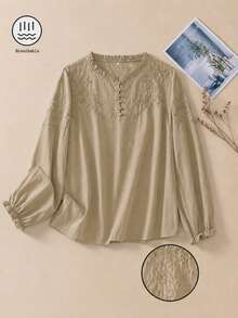Women's Embroidered Loose Retro Long Sleeve Blouse Top, Suitable For Autumn - Khaki - View 4
