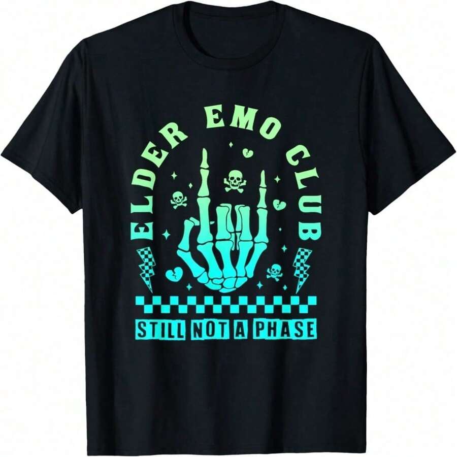 Elder Emo Club Still Not A Phase T-Shirt With Skeleton Hand Design And Rock Gradient - 黑色 - 查看 1