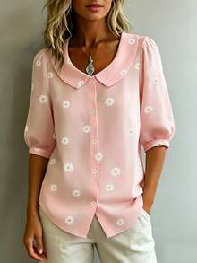 2026 New Elegant Casual Pink Daisy Print Puff Sleeve 3/4 Sleeve Blouse, French Peter Pan Collar Button Down Shirt, Lightweight Breathable Summer Wear, Versatile For Work, Commute, Daily Dates, Fashion Slimming Women's Clothing - Pink - View 6