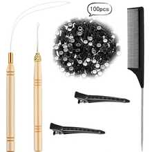Kit de herramientas para extensiones de cabello, 100 piezas de cuentas de silicona, 2 ganchos de ganchillo, 2 pinzas de pico de pato, para accesorios de herramientas de peinado profesional - Ver 14