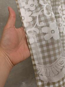 1件格紋廚房短窗簾，附蕾絲飾邊與毛球裝飾，穿桿式水槽櫥櫃半窗簾，美式鄉村田園風，適用廚房/咖啡廳/臥室裝飾，返校季、學校用品、宿舍裝飾、大學裝飾 - 咖色 - 查看 4