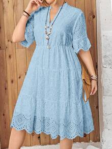 LUNE Vestido bohemio de verano talla grande con escote en V con recortes, bordado y dobladillo de volantes de tul - Celeste - Ver 1