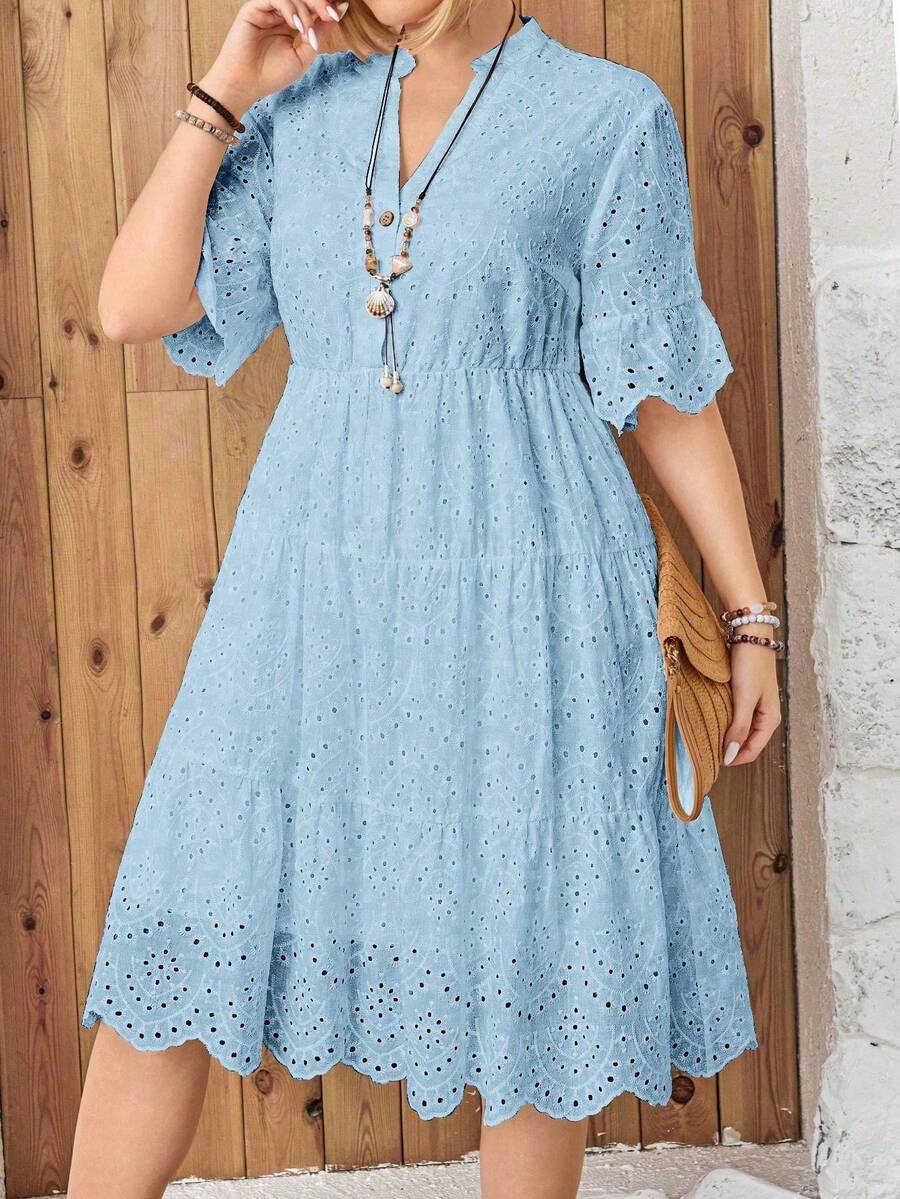 LUNE Vestido bohemio de verano talla grande con escote en V con recortes, bordado y dobladillo de volantes de tul - Celeste - Ver 1