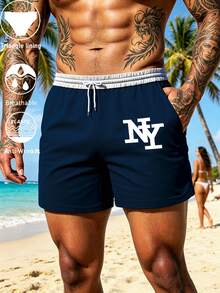 Classic NY Logo Swim Trunks, Quick-Dry Elastic Waist Beachwear With Side Pockets - Multicolor - View 8