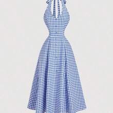 MOD Vestido midi casual de mujer con estampado de cuadros y espalda descubierta, para verano - Azul y blanco - Ver 4