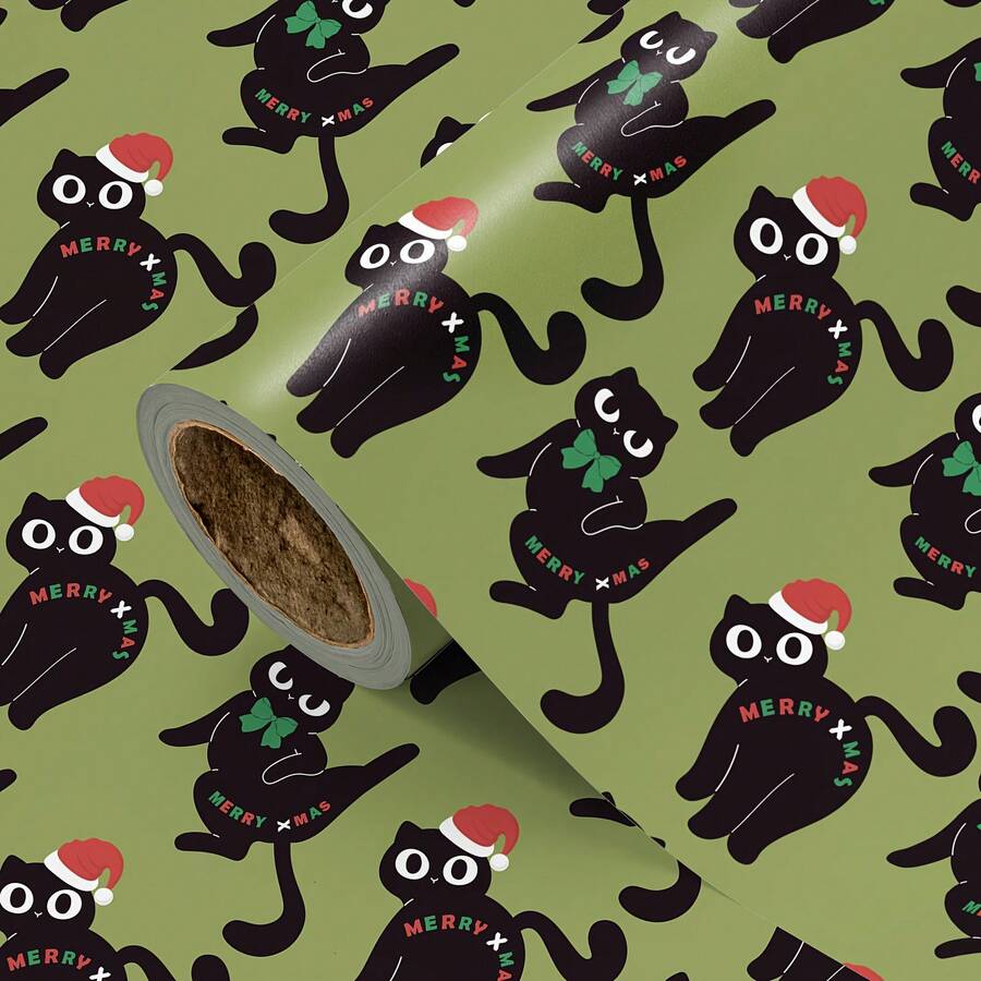 1 Roll Christmas Wrapping Paper | Green Background With Santa Hat & Bow Black Cat Design, Perfect For Christmas Gift Wrapping, Holiday Decorations, Party Ambiance, And Christmas-Themed Events – 43 Cm * 500 Cm (170 Inches * 16.4 Feet) - Cat Theme - View 1