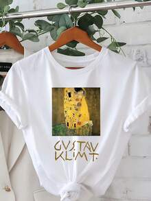 Graphic Print T-Shirt Featuring Gustav Klimt's "The Kiss," Short Sleeves, Round Neck, Casual Top For Summer And Spring, Women's Clothing, Comfortable Ladies' T-Shirt. BXWB - 黑色 - 查看 1