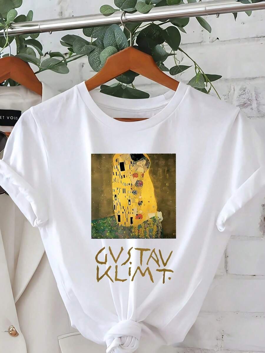 Graphic Print T-Shirt Featuring Gustav Klimt's "The Kiss," Short Sleeves, Round Neck, Casual Top For Summer And Spring, Women's Clothing, Comfortable Ladies' T-Shirt. BXWB - 黑色 - 查看 1