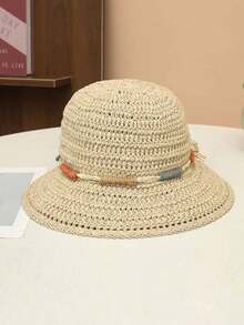 1 pieza Sombrero de paja tejido hueco de ala ancha de unicolor para mujer, primavera verano otoño, moda europea & americana vintage elegante sombrero de cubo de paja, versátil para uso casual al aire libre viajes vacaciones - A - Ver 13