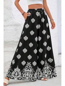 [Free Shipping]Women Wide Leg Pants Casual High Waist Floral Palazzo Pants For Women Flowy Lounge Boho Beach Trousers Pockets Women's Wide Leg - 黑色-1 - 查看 2