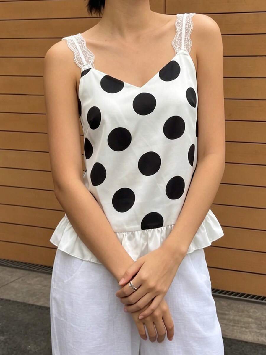 Camisetas de tirantes con estampado de lunares, ribete de encaje, escote en V con volantes y espalda descubierta para mujer, ideales para salir en verano. - Blanco - Ver 1