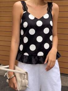 Camisetas de tirantes con estampado de lunares, ribete de encaje, escote en V con volantes y espalda descubierta para mujer, ideales para salir en verano. - Negro - Ver 1