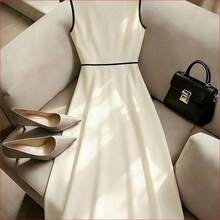 Vestido decorativo de bloque de color negro y blanco de diseño de nicho de alta gama francés, versátil y sexy para mujeres, vestido de fiesta elegante, atuendo de resort para mujeres, atuendo del Día de San Valentín para mujeres, vestido blanco y negro para mujeres, vestido de primavera/verano, atuendo de playa, vestido de bloque de color para mujeres - Blanco y Negro - Ver 3