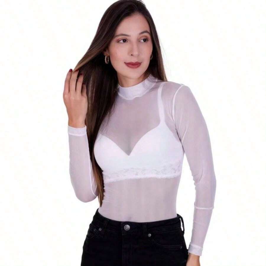 Women's Plain Tulle Bodysuit With Long Sleeves And High Neck - Sheer - Autumn/Winter Fashion - 白色 - 查看 1