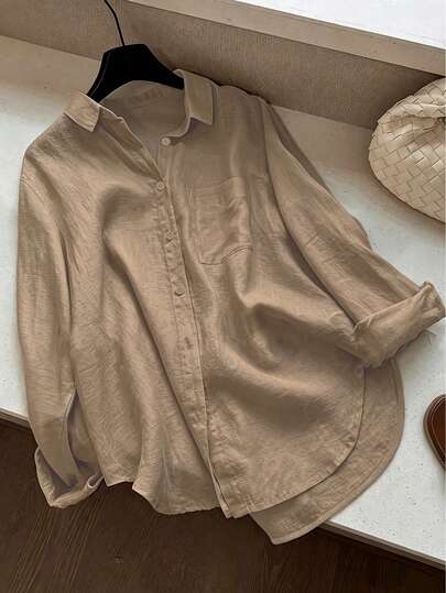 Women's Minimalist Casual Solid Color Semi-Sheer Commuter Front Button Curved Hem Shirt
