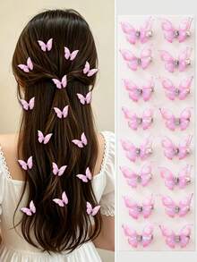 10pcs/Set Girls' Pink Double-Layer Rhinestone Transparent Tulle Butterfly Small Hair Clips, Cute Princess Style Hair Accessories, Bangs Clips Side Clips - Pink - View 8
