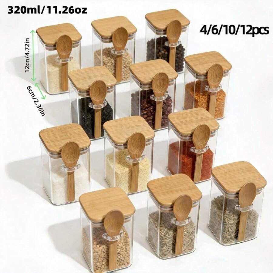 4/6/10/12pcs 320ml Square Glass Jars With Bamboo Lids And Spoons, Airtight Food Storage Containers For Sugar, Coffee, Oats, Flour, BBQ Seasoning, Kitchen Storage - View 1
