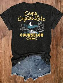 1 Piece, Y2K Retro Streetwear T-Shirt For Women, European And American Summer T-Shirt With Round Neck And Short Sleeves, Lightweight And Breathable, With A Camping Crystal Lake Design - 黑色 - 查看 2
