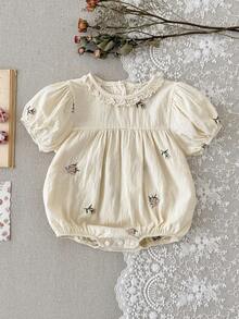 Newborn Baby Girl Floral Embroidered Apricot Cotton Short Sleeve Romper Summer - Apricot - View 3