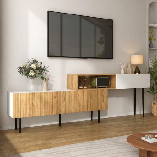 Modern TV Cabinet With Adjustable Length, Modular 2-Piece Design, Wood Look + Matte White, Black Metal Legs, Multifunctional Living Room Furniture