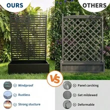 Jardinera elevada de metal con celosía y pantalla de privacidad - Drenaje integrado - Soporte robusto para plantas trepadoras, flores o vegetales - Patio o balcón - Negra - Rayas finas, con ruedas - Rayas gruesas de rejilla, con ruedas - Ver 2