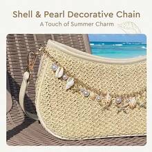 Women's Woven Crossbody Bag, Bohemian Style Raffia Backpack With Charming Chain, Adjustable Strap For Summer Beach Vacations - 杏色 - 查看 3