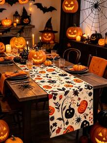 1pc 180cm*35cm Halloween Table Runner, Polyester Fabric With Scary Pumpkin Pattern, Halloween Decoration, Halloween Party Dinner Table Decor, Home Decor, Halloween Candy Decor, Joyful Halloween Decoration, Tabletop Center Decor, Spooky Halloween Decoration - Multicolor - View 3