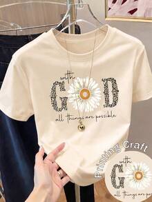 Impala Camiseta de manga corta con estampado para mujer, ropa de primavera, atuendo para festividades, blanca para verano, look playero, vacacional, estilo rural, atuendo de oficina para mujer. - Albaricoque - Ver 6