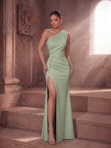 ADYCE Elegant Backless Solid Color Vintage One Shoulder Ruched Waisted High Slit Party Homecoming Bodycon Long Dress Bridesmaid Dress Wedding Dress Summer - Green - View 6