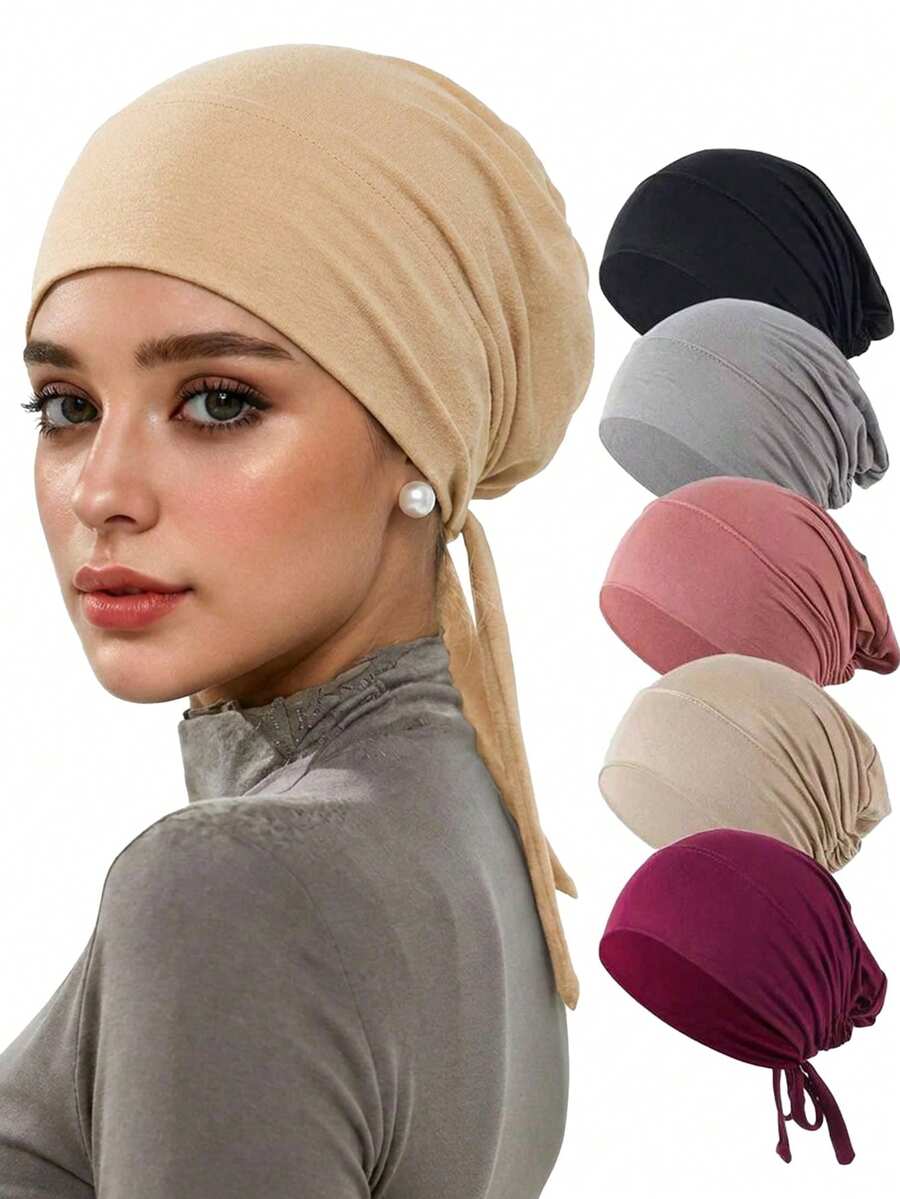 Awegeo Soft Stretchy Tie Back Turban Headwrap For Women, Middle Eastern Style Muslim Hijab Cap, Elastic Chemo Headwear Sleep Cap For Hair Care - Multicolor - View 1