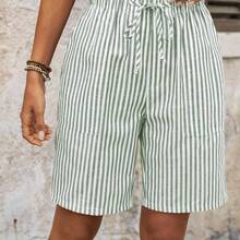 Faunlyn Pantalones cortos tipo bermudas a rayas con bolsillos laterales, de corte amplio y cintura media, estilo básico - Multicolor - Ver 9