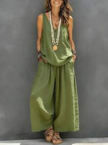 2026 New Women's Cotton-Linen Solid Color V-Neck Vest And Trousers Two-Piece Set - Khaki - View 9