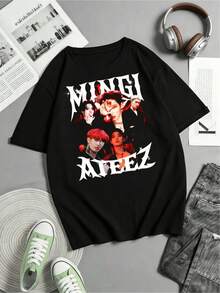 ATEEZs Mingi Red‑Tinted Multi‑Shot Gothic "MINGI ATEEZs" Graphic Tee, 100% Cotton, Y2K Grunge K‑Pop Streetwear Casual Top - Black - View 1