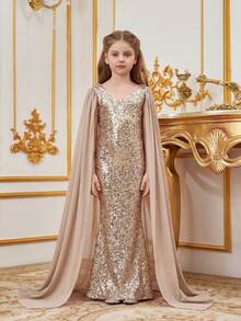 Vestido formal para niña preadolescente de sirena con mangas de capa de chifón y parche de lentejuelas brillantes - Champán - Ver 4