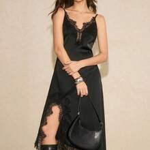Vestido largo de satén con abertura alta y parches de encaje de unicolor para mujer - Marrón - Ver 6