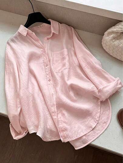 Camisa casual de mujer de unicolor con botones delanteros y dobladillo curvo
