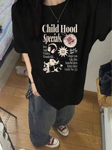 Cute Y2K Style Summer Top.1pac. Cute Y2K Style Summer Top. Women's Y2K Graphic T-Shirt 100% Cotton - "Hood Special" Print With Heart And Star Design, Casual Black Short Sleeve T-Shirt, Loose Fit Round Neck Summer Top, Daily Tee With Cheer Print, Relaxed Fit. Perfect For Casual Wear - 黑色 - 查看 1