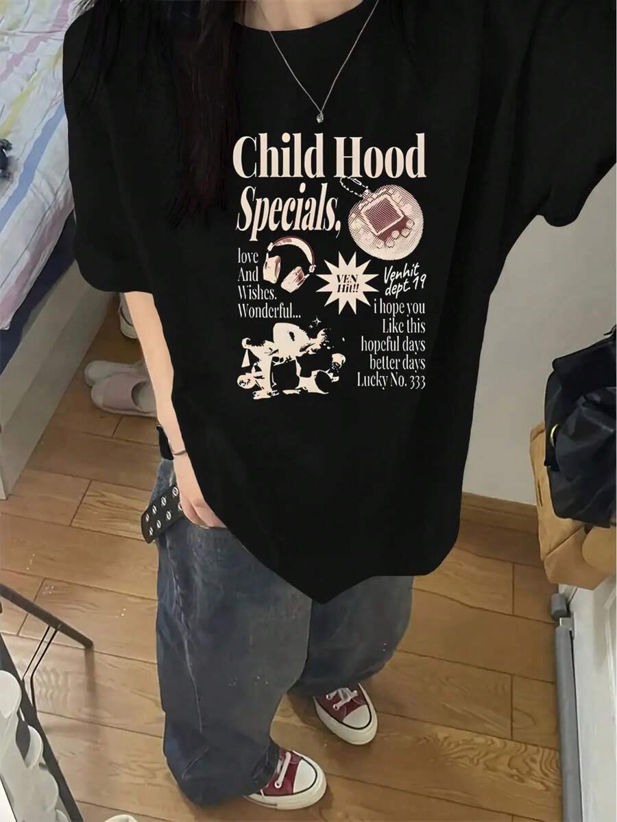 Cute Y2K Style Summer Top.1pac. Cute Y2K Style Summer Top. Women's Y2K Graphic T-Shirt 100% Cotton - "Hood Special" Print With Heart And Star Design, Casual Black Short Sleeve T-Shirt, Loose Fit Round Neck Summer Top, Daily Tee With Cheer Print, Relaxed Fit. Perfect For Casual Wear - 黑色 - 查看 1