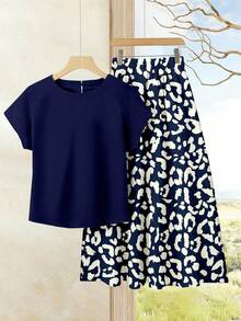 2026 Nuevo Set de 2 piezas de top de unicolor + falda estampada de estilo casual de vacaciones para mujer, conjunto de ropa de verano para mujer, conjunto de falda y top de verano, conjunto de falda y top de mujer, conjunto de falda estampada casual para carnaval - Multicolor 4 - Ver 1