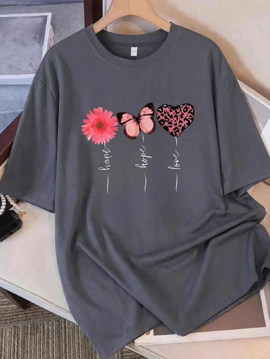 花卉、蝴蝶、豹纹爱心图案T恤,休闲圆领短袖女式励志爱情图案T恤,可爱日常穿搭衬衫,浅灰色夏季款 - 深灰色 - 查看 1