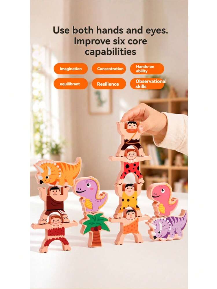 1 Set Wooden Dinosaur Strongman Balance Stacking Toy, Cartoon Dinosaur Primitive Man Style Educational Blocks, Children's Early Learning STEM Toy, Develops Hand-Eye Coordination And Concentration, Parent-Child Interactive Tabletop Game - Multicolor - View 5